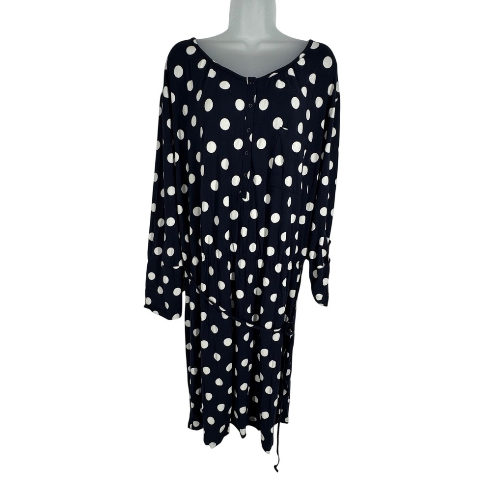 Gap Navy Blue Polka Dot Long Sleeve Belted Dress Size XL NEW Stretch Retro Tie